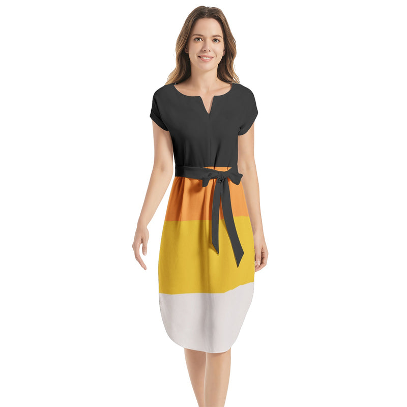 Candy Corn Notched Neck Belted Dress - Objet D'Art