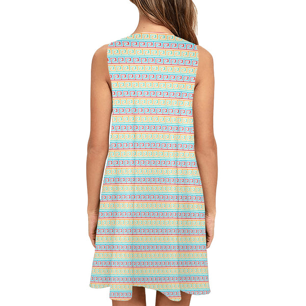 greek key light colors print 2 Sleeveless A-Line Pocket Dress (Model D57) - Objet D'Art