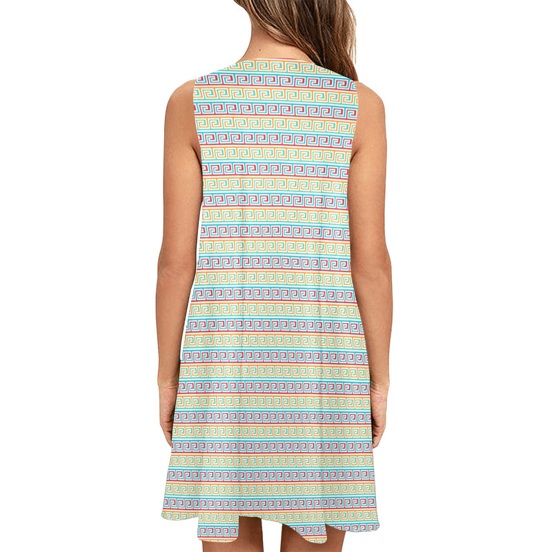 greek key light colors print 2 Sleeveless A-Line Pocket Dress (Model D57) - Objet D'Art