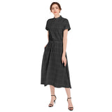 Midnight Grid Drawstring Waist A-line Flared Midi Dress - Objet D'Art