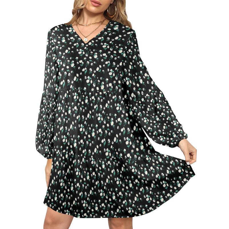 white florals on black mini print V-Neck Loose Fit Dress (Model D66) - Objet D'Art