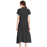 Midnight Grid Drawstring Waist A-line Flared Midi Dress - Objet D'Art