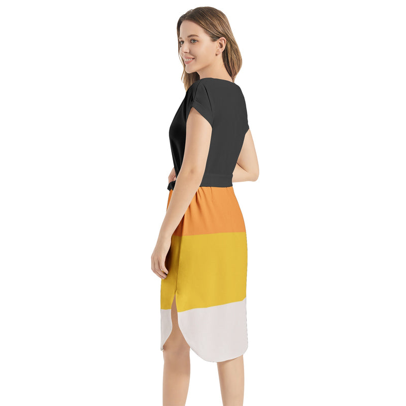 Candy Corn Notched Neck Belted Dress - Objet D'Art