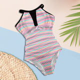 color geo print 7BA Women's High Neck Plunge Mesh Ruched Swimsuit (S43) - Objet D'Art