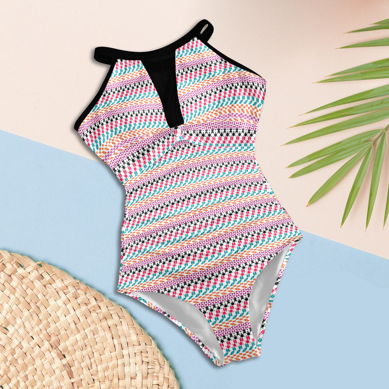 color geo print 7BA Women's High Neck Plunge Mesh Ruched Swimsuit (S43) - Objet D'Art