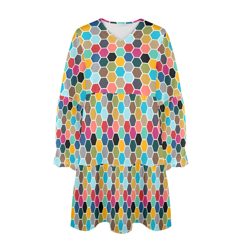 colorful hex swimwear print V-Neck Loose Fit Dress (Model D66) - Objet D'Art