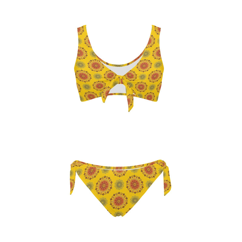 mandala gold print 3 Bow Tie Front Bikini Swimsuit (Model S38) - Objet D'Art