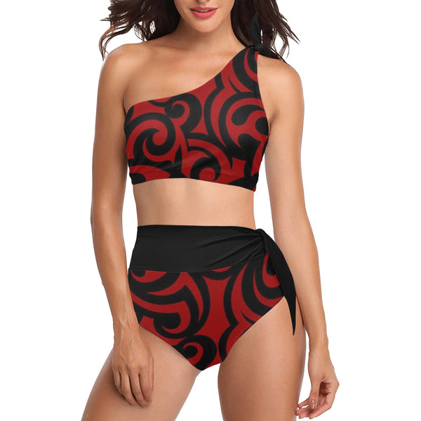 black solid print skirt High Waisted One Shoulder Bikini Set (Model S16) - Objet D'Art