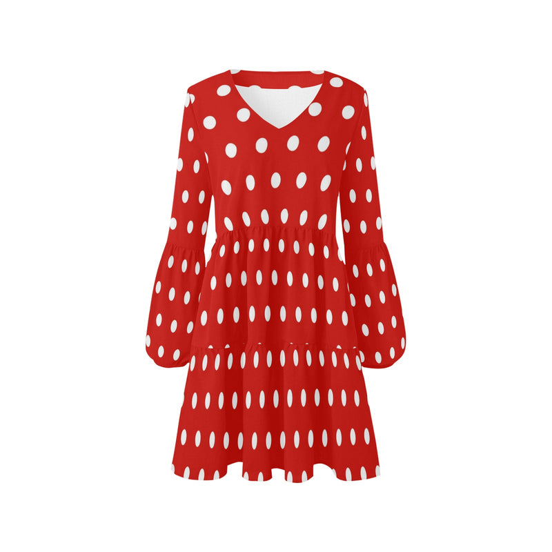 wild flower red polka dots V-Neck Loose Fit Dress (Model D62) - Objet D'Art