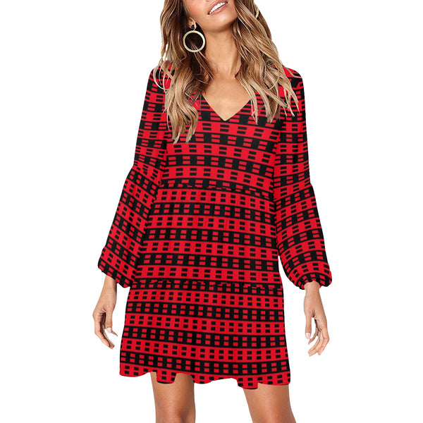 red black dashes print 2 V-Neck Loose Fit Dress (Model D62) - Objet D'Art