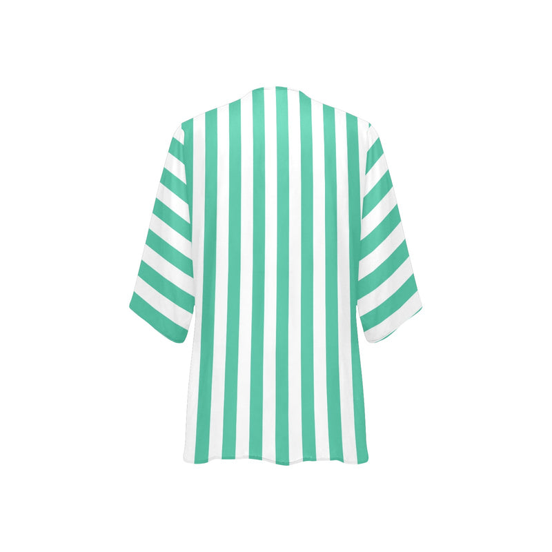 mint green striped print Women's Kimono Chiffon Cover Up (Model H51) - Objet D'Art