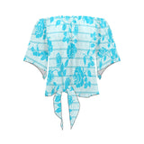 greek roses in blue print Off Shoulder Knot Front Blouse (Model T71) - Objet D'Art