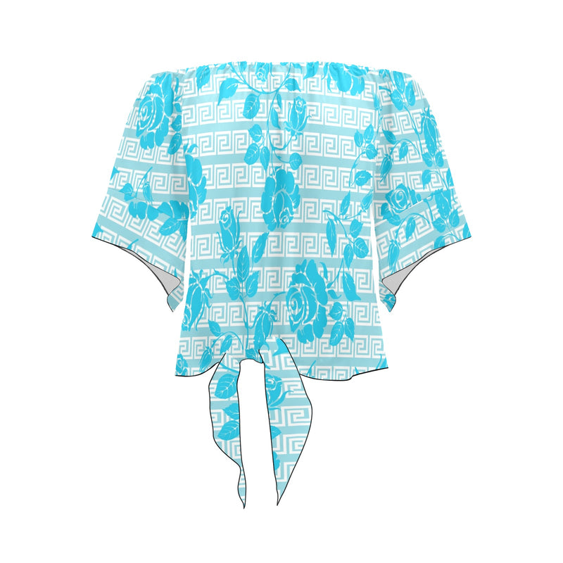 greek roses in blue print Off Shoulder Knot Front Blouse (Model T71) - Objet D'Art