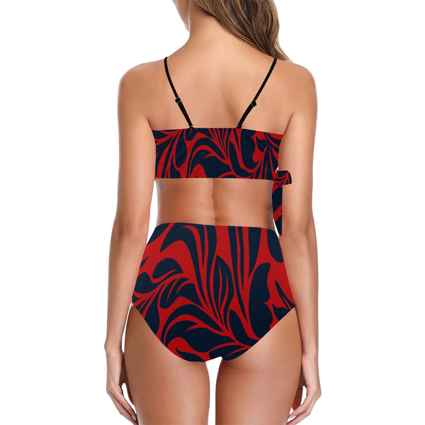 red blue leaf print 2 Knot Side Bikini Swimsuit (Model S37) - Objet D'Art