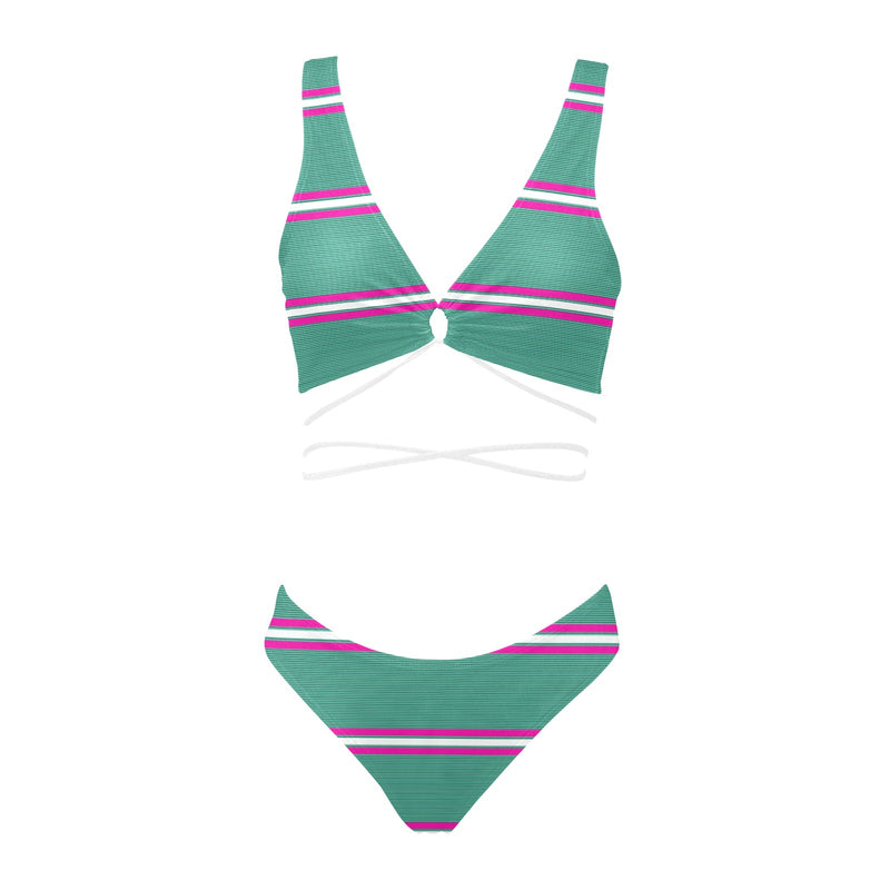 mint green micro striped print 67A Cross String Bikini Set (Model S29) - Objet D'Art