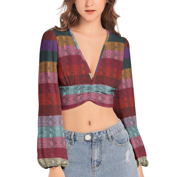 Multicolored Snakeskin lWomen's Deep V-Neck Lantern Sleeve Crop Top - Objet D'Art