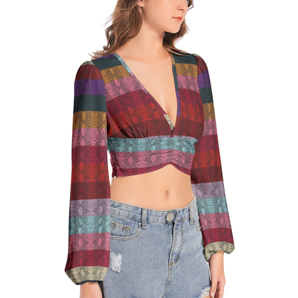 Multicolored Snakeskin lWomen's Deep V-Neck Lantern Sleeve Crop Top - Objet D'Art