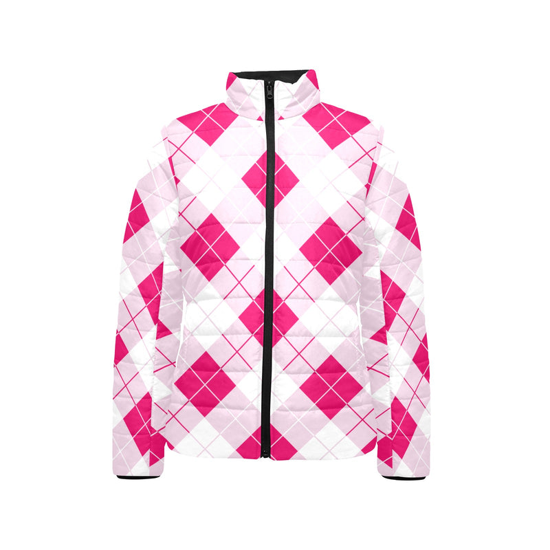 Innuendos of Pink Argyle Women's Stand Collar Padded Jacket - Objet D'Art