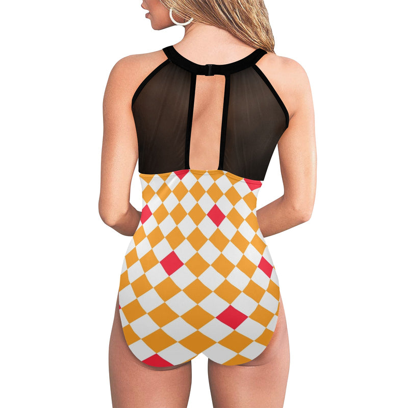 pink peach print Women's High Neck Plunge Mesh Ruched Swimsuit (S43) - Objet D'Art