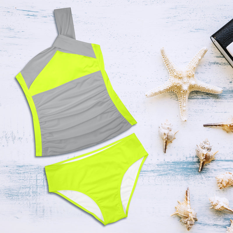 neon green print 2 Women's One Shoulder Backless Swimsuit (Model S44) - Objet D'Art