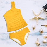 saffron print solid 2 Women's One Shoulder Backless Swimsuit (Model S44) - Objet D'Art