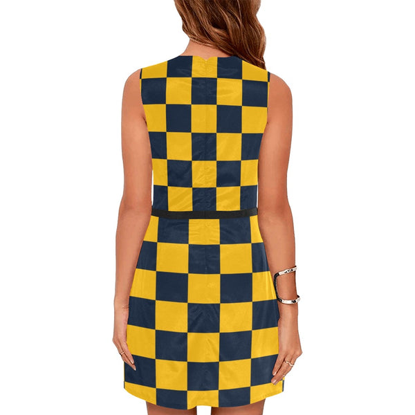 navy blue gold checkered print Eos Women's Sleeveless Dress (Model D01) - Objet D'Art