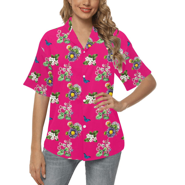 pink floral butterfly print All Over Print Hawaiian Shirt for Women (Model T58) - Objet D'Art