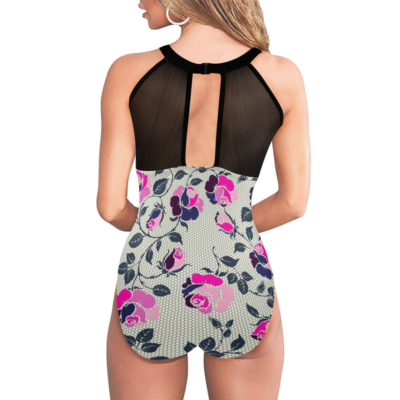 fuchsia solid print 6Q Women's High Neck Plunge Mesh Ruched Swimsuit (S43) - Objet D'Art