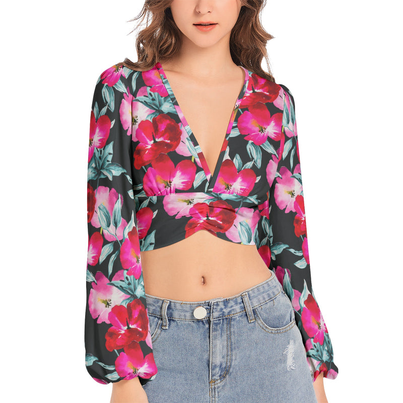 Women's Deep V-Neck Lantern Sleeve Crop Top - Objet D'Art