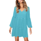 blue white micro striped print V-Neck Loose Fit Dress (Model D62) - Objet D'Art