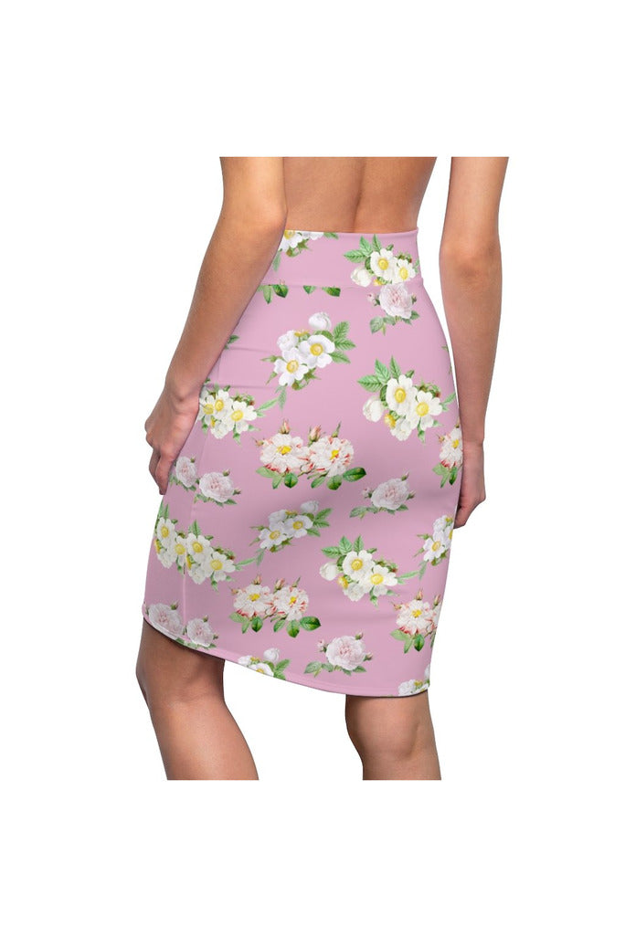 Pressed Rose Floral Print Women's Pencil Skirt - Objet D'Art