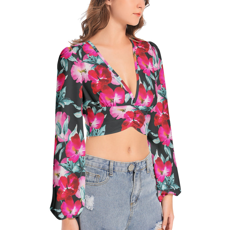 Women's Deep V-Neck Lantern Sleeve Crop Top - Objet D'Art