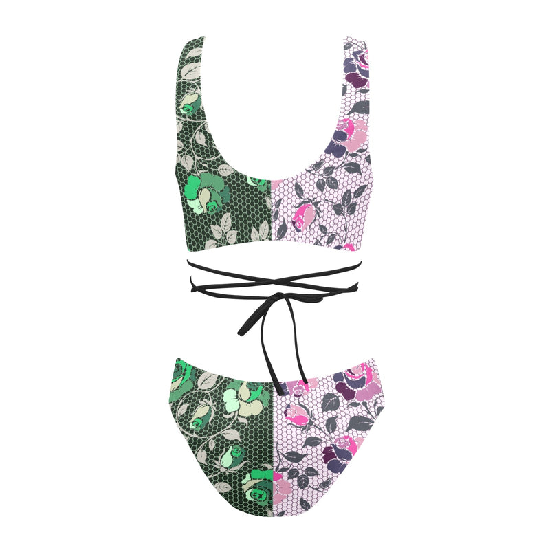 green rose print 2 Cross String Bikini Set (Model S29) - Objet D'Art