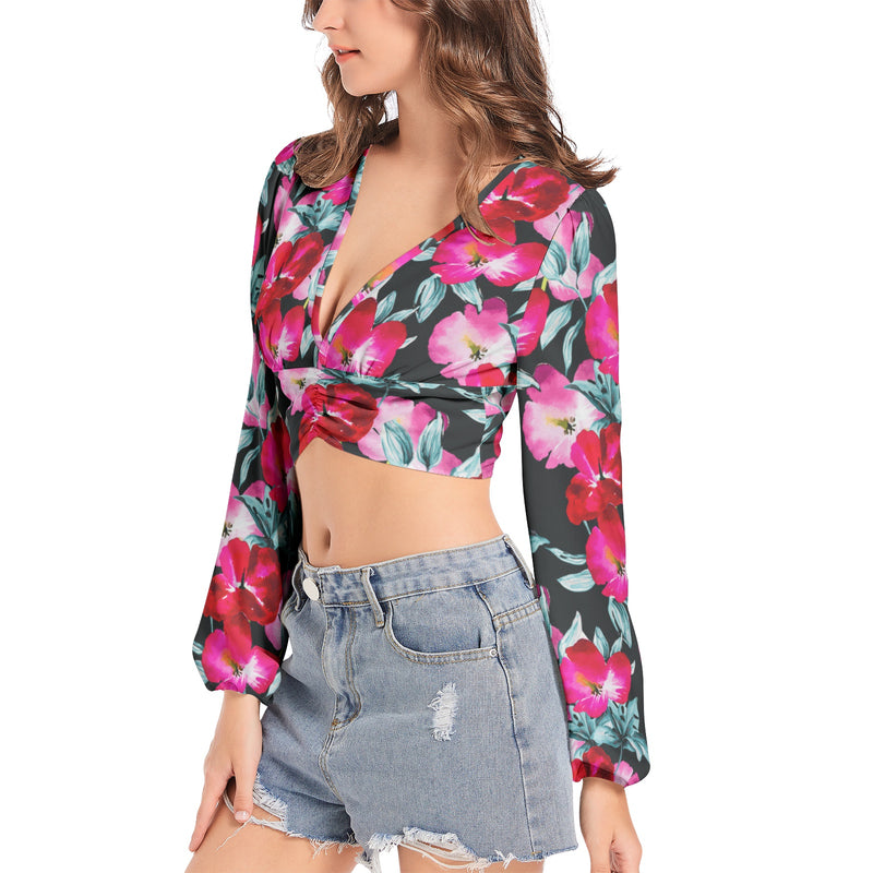 Women's Deep V-Neck Lantern Sleeve Crop Top - Objet D'Art