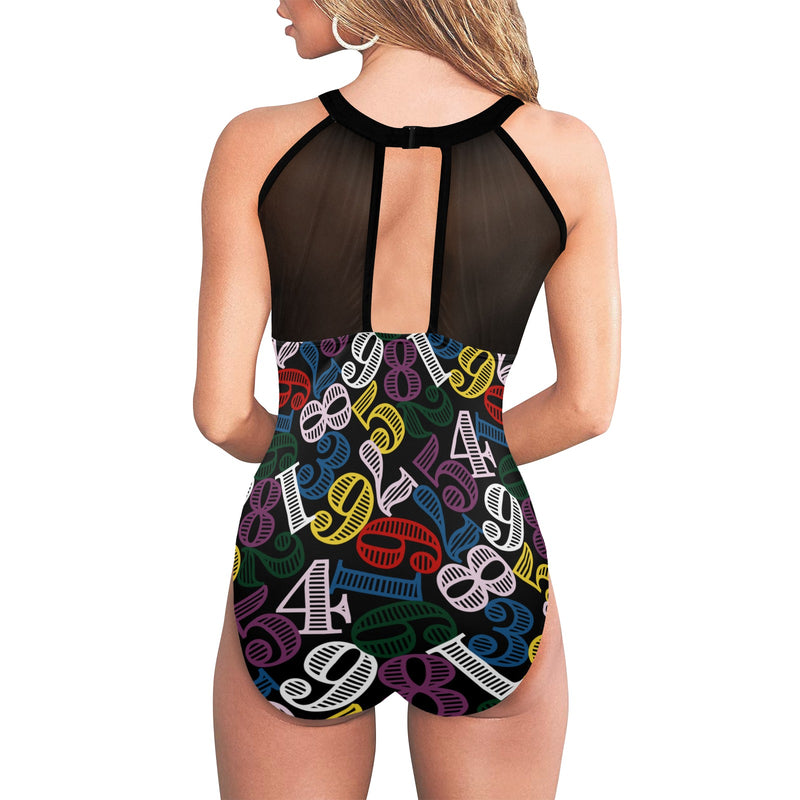 color number 9k Women's High Neck Plunge Mesh Ruched Swimsuit (S43) - Objet D'Art