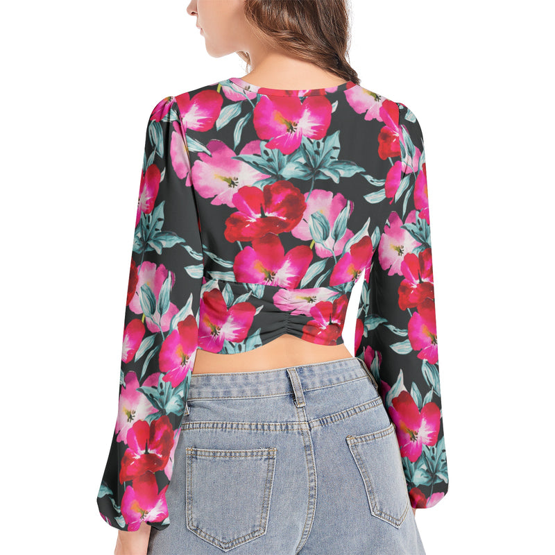 Women's Deep V-Neck Lantern Sleeve Crop Top - Objet D'Art