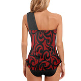 red and black scroll print Women's One Shoulder Backless Swimsuit (Model S44) - Objet D'Art