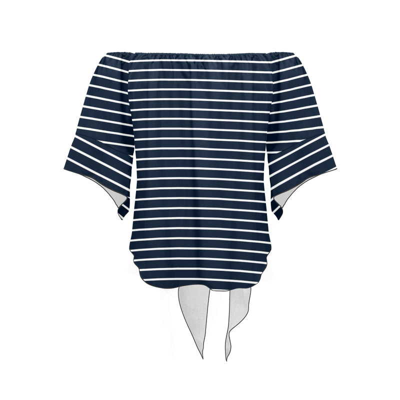 blue white print 2A Off Shoulder Knot Front Blouse (Model T71) - Objet D'Art