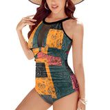 bandana print calico yoga_leggings_template-Recovered-Recovered copy Women's High Neck Plunge Mesh Ruched Swimsuit (S43) - Objet D'Art