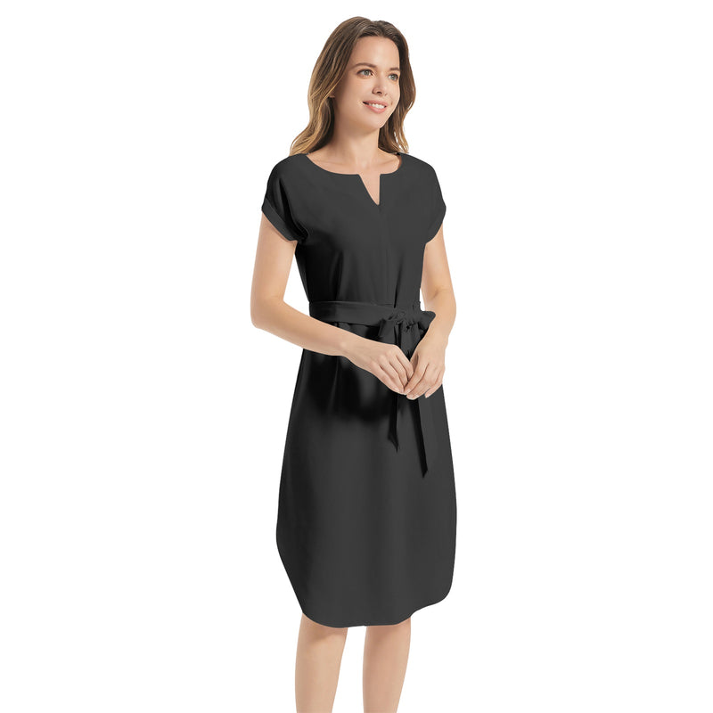 Black Notched Neck Belted Dress - Objet D'Art