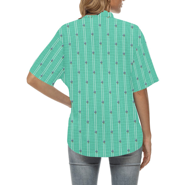 mint green floral striped print2 All Over Print Hawaiian Shirt for Women (Model T58) - Objet D'Art
