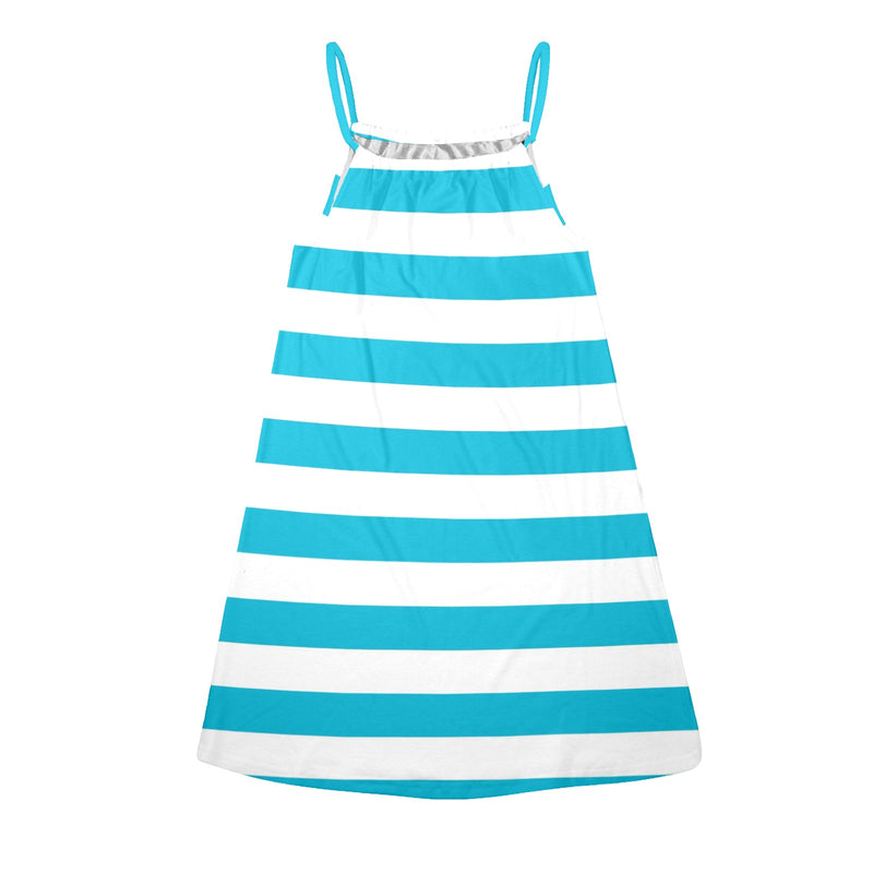 blue white striped 1A Drawstring Neck Sleeveless Dress (Model D68) - Objet D'Art