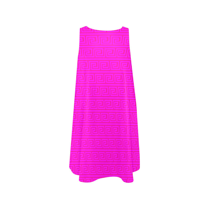fuchsia greek key offset print Sleeveless A-Line Pocket Dress (Model D57) - Objet D'Art