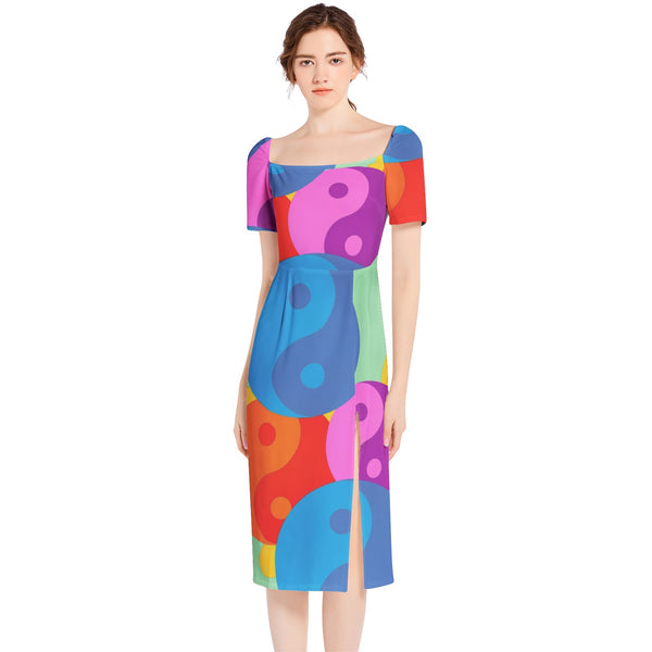 Multicolored Yin and Yang Split Thigh Midi Bodycon Dress - Objet D'Art