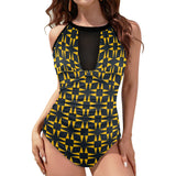 squ tri print Women's High Neck Plunge Mesh Ruched Swimsuit (S43) - Objet D'Art