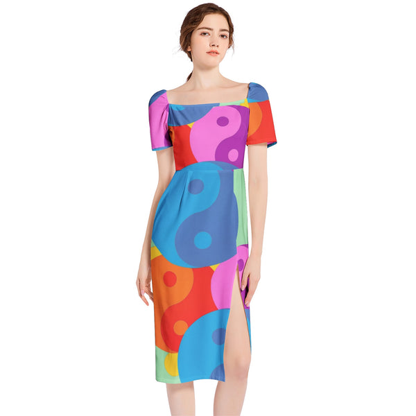Multicolored Yin and Yang Split Thigh Midi Bodycon Dress - Objet D'Art