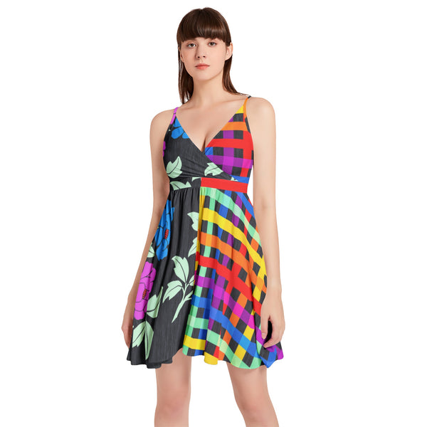 Floral Lattice Spaghetti Strap Sleeveless Falred Hem Short Dress - Objet D'Art
