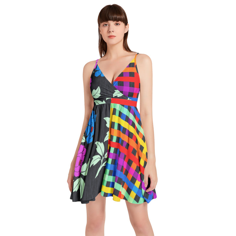 Floral Lattice Spaghetti Strap Sleeveless Falred Hem Short Dress - Objet D'Art