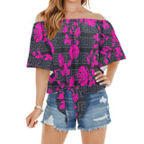 fuchsia rose on gray greek key print Off Shoulder Knot Front Blouse (Model T71) - Objet D'Art