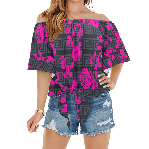 fuchsia rose on gray greek key print Off Shoulder Knot Front Blouse (Model T71) - Objet D'Art